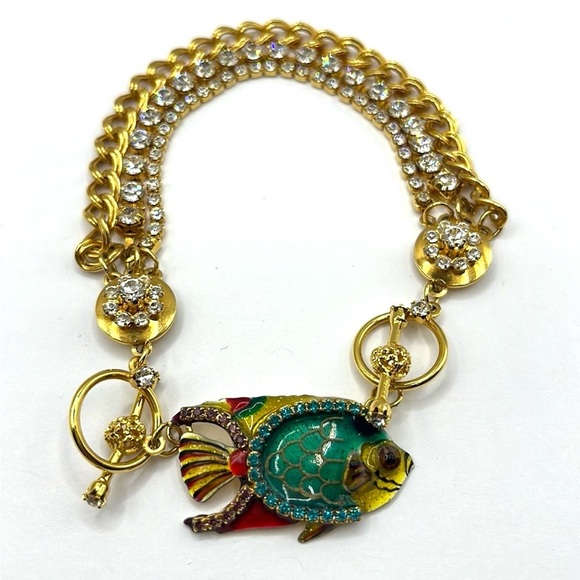 Lunch At The Ritz Jewelry - Lunch at the Ritz Gold Tone Crystal Fish 3 D  Toggle Bracelet Ocean Sparkling
